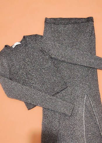 zara gümüş parıltılı simli triko etek bluz takım - Görsel 5