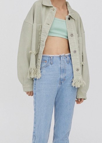 Açık Yeşil Püskül Desenli Salaş Denim Ceket