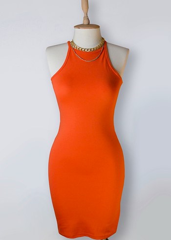 Turuncu Bodycon Halter Yaka Günlük Elbise Mini
