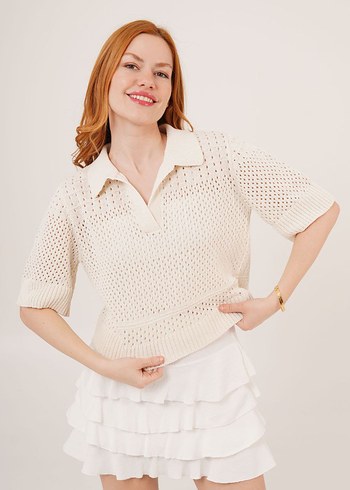 Örme Beyaz Kadın Triko Tshirt Polo Yaka Ajurlu Delikli