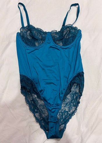 Vintage Stil Mavi Dantel Detaylı Kadın Body