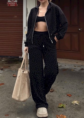 Kadın Siyah Taşlı Belden Bağlamalı Eşofman Takımı - Görsel 5