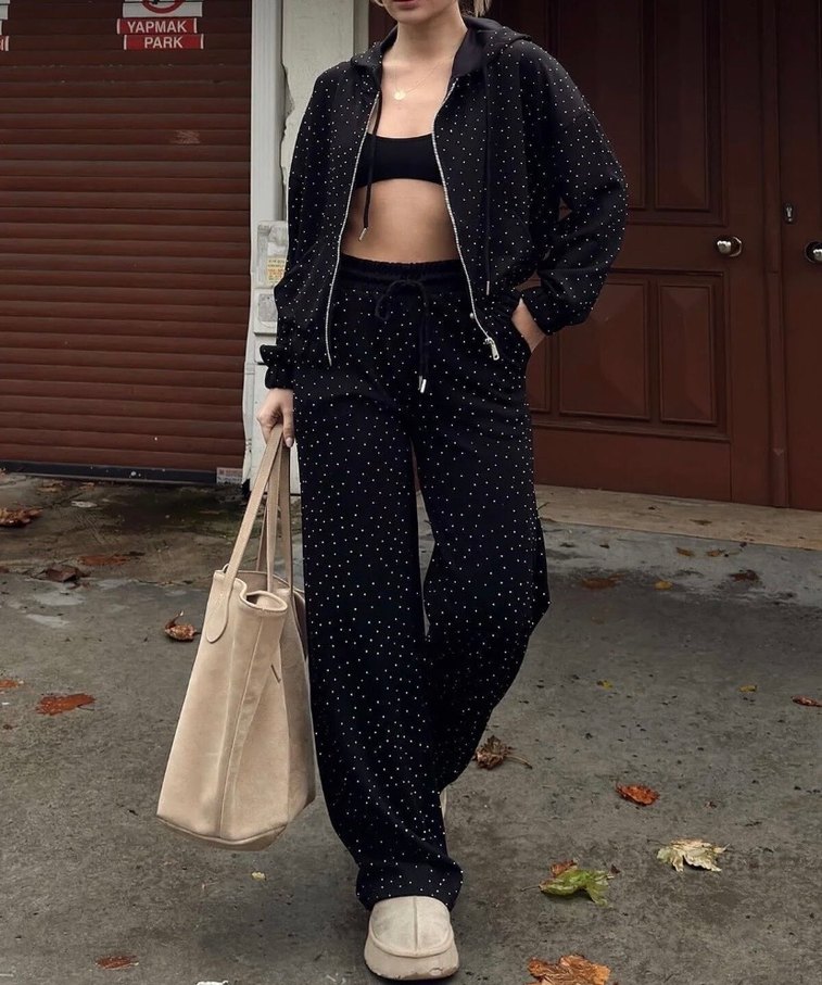 Kadın Siyah Taşlı Belden Bağlamalı Eşofman Takımı - Görsel 5