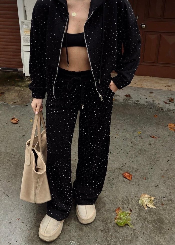 Kadın Siyah Taşlı Belden Bağlamalı Eşofman Takımı - Görsel 3