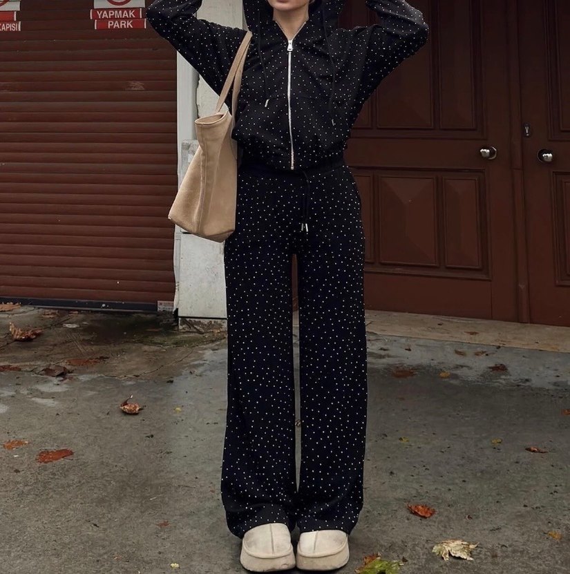 Kadın Siyah Taşlı Belden Bağlamalı Eşofman Takımı - Görsel 2