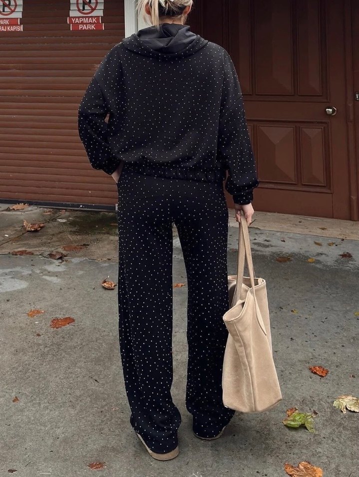 Kadın Siyah Taşlı Belden Bağlamalı Eşofman Takımı - Görsel 4