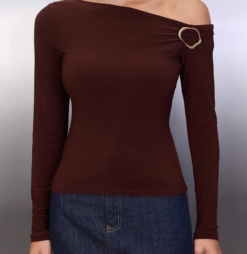 Kahverengi Tek Omuzlu Tokalı Kadın Bluz - Görsel 5