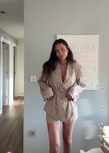 Bej Mini Keten Blazer Kadın - Görsel 4