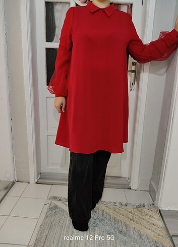 Kırmızı tül kol tunik