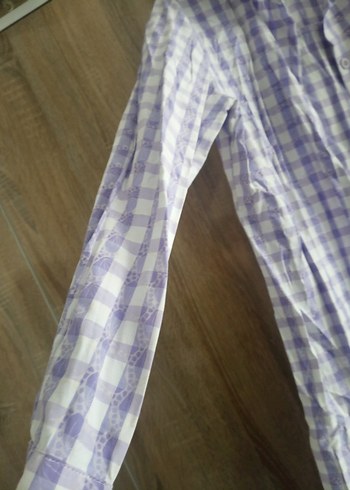 Mor Kareli Uzun Kollu Keten Gömlek Elbise - Görsel 5