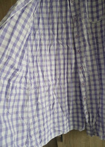 Mor Kareli Uzun Kollu Keten Gömlek Elbise - Görsel 4