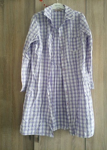 Mor Kareli Uzun Kollu Keten Gömlek Elbise - Görsel 2