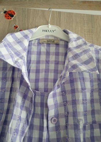 Mor Kareli Uzun Kollu Keten Gömlek Elbise - Görsel 3