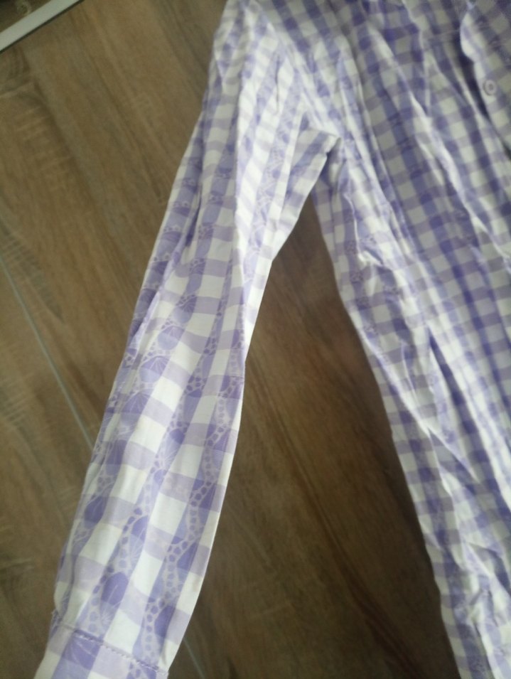 Mor Kareli Uzun Kollu Keten Gömlek Elbise - Görsel 5