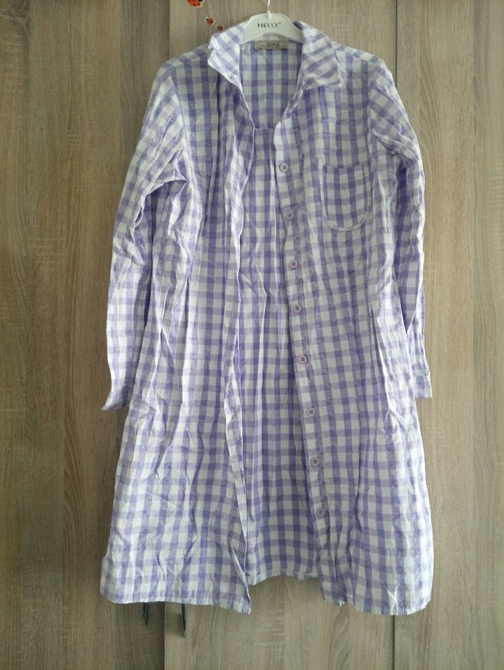 Mor Kareli Uzun Kollu Keten Gömlek Elbise - Görsel 2