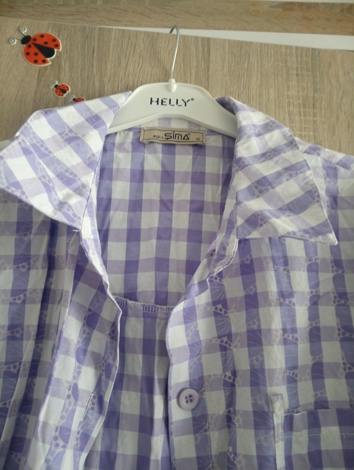 Mor Kareli Uzun Kollu Keten Gömlek Elbise - Görsel 3