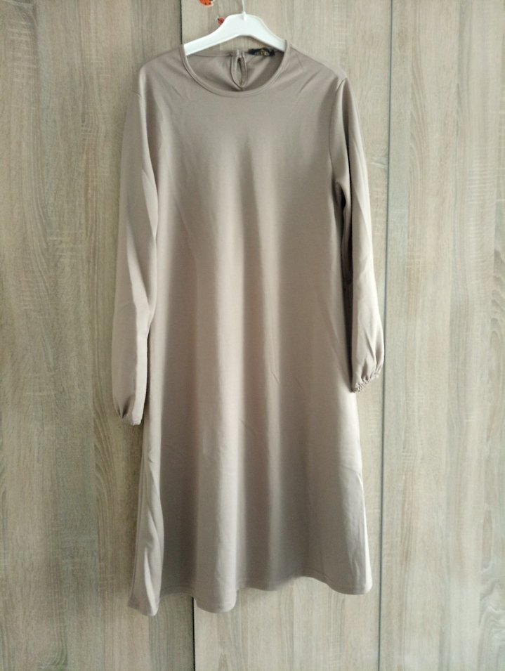 Bej Midi Kadın Tunik, Uzun Kollu, Rahat Kesim - Görsel 2