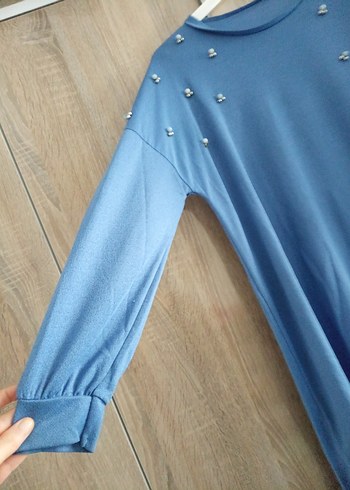 Boncuk İşlemeli Mavi Uzun Kollu Tunik - Görsel 3