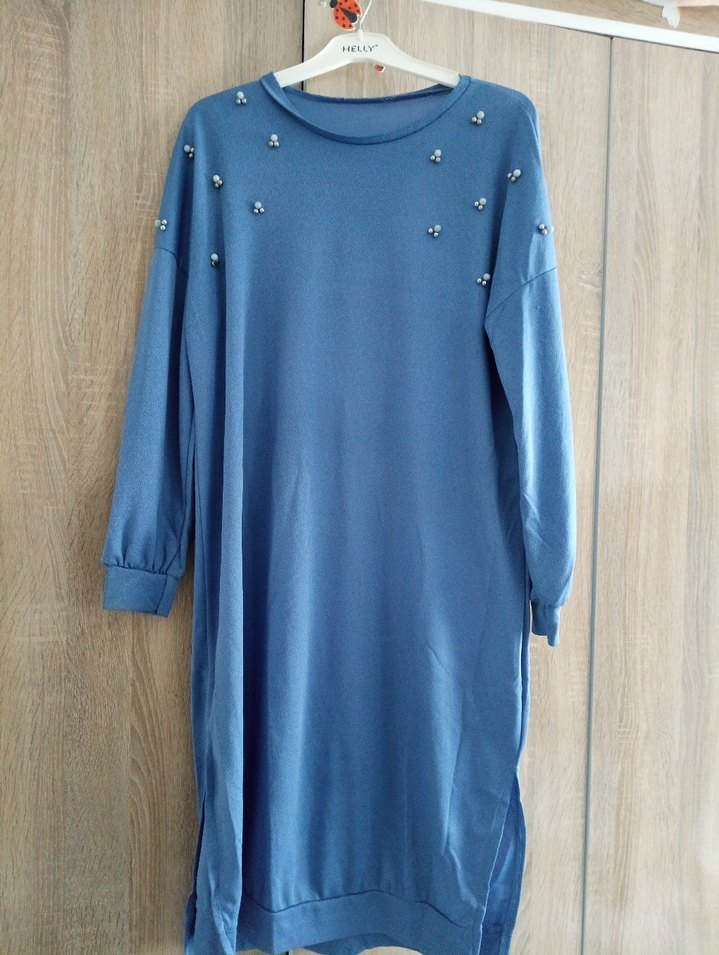 Boncuk İşlemeli Mavi Uzun Kollu Tunik - Görsel 2