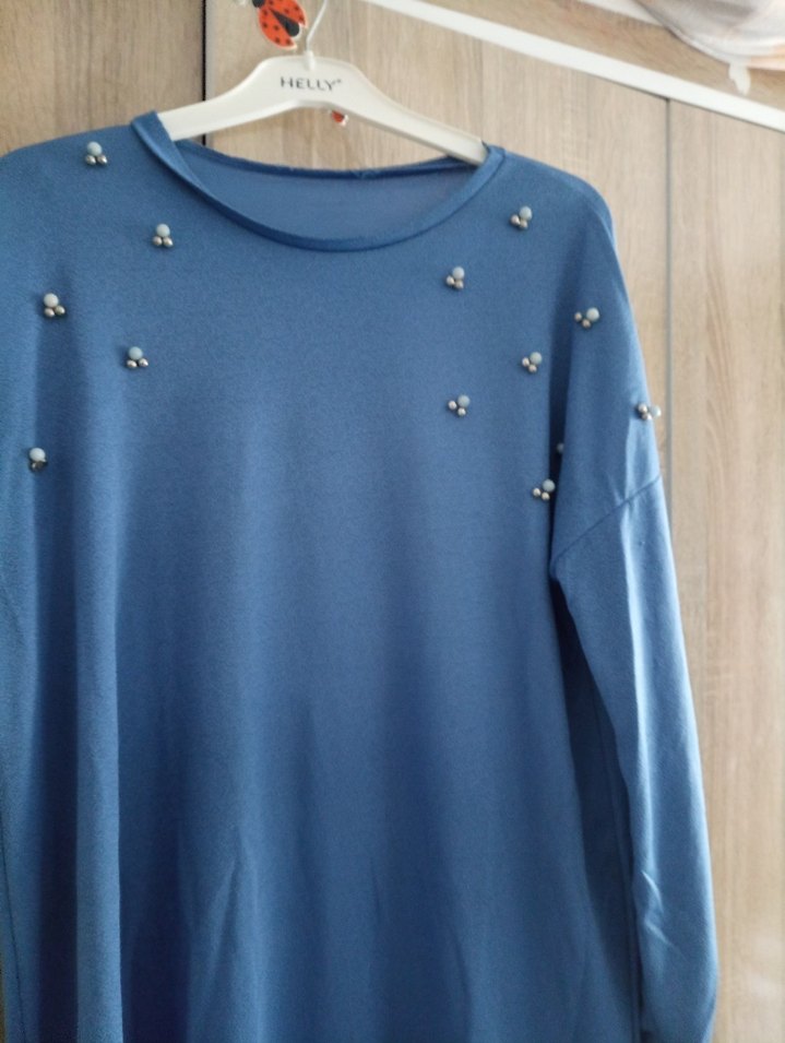 Boncuk İşlemeli Mavi Uzun Kollu Tunik - Görsel 4