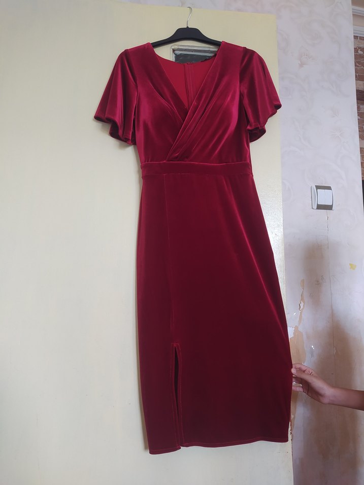 Bordo Drapeli V Yaka Uzun Elbise - Görsel 3