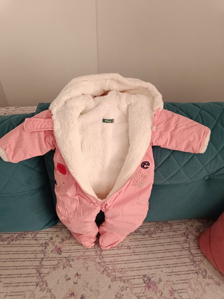 Pembe Kürklü Nakışlı Bebek Kış Tulumu - Görsel 3