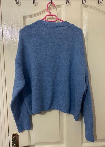 Nakışlı Mavi V Yaka Triko Hırka - Görsel 4