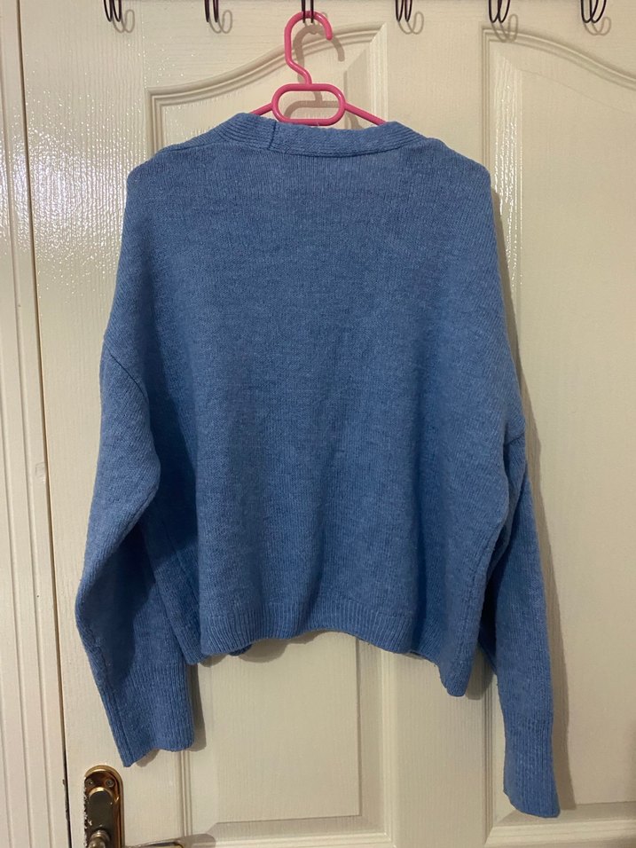 Nakışlı Mavi V Yaka Triko Hırka - Görsel 4