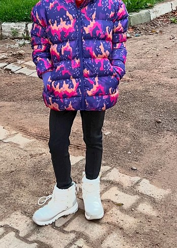 Kızlar için Kapüşonlu Bağlamalı Desenli Mont - Görsel 7