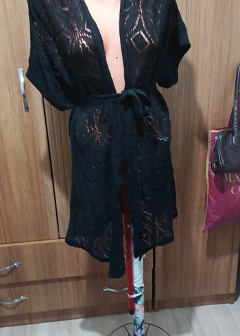 Dantel Detaylı Siyah Midi Triko hirka - Görsel 2