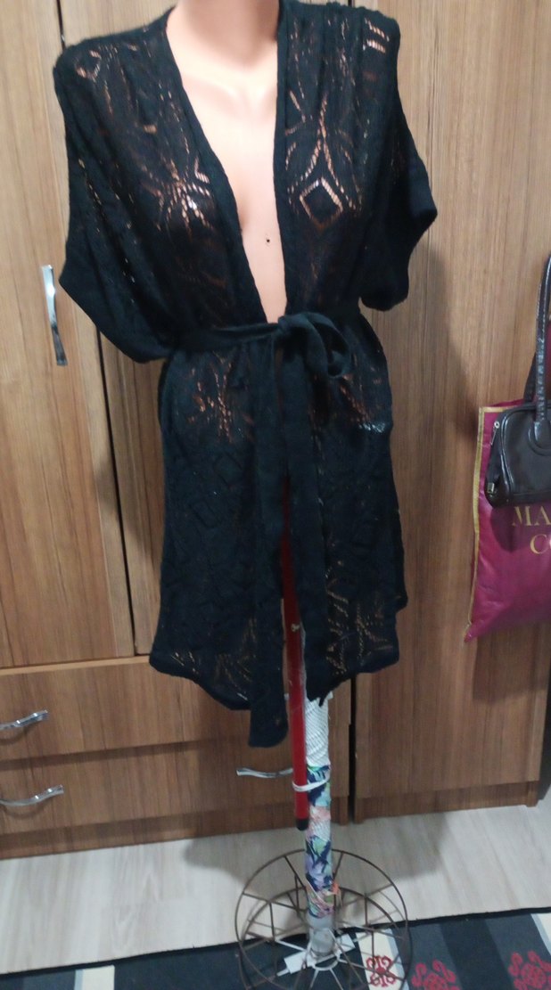 Dantel Detaylı Siyah Midi Triko hirka - Görsel 2