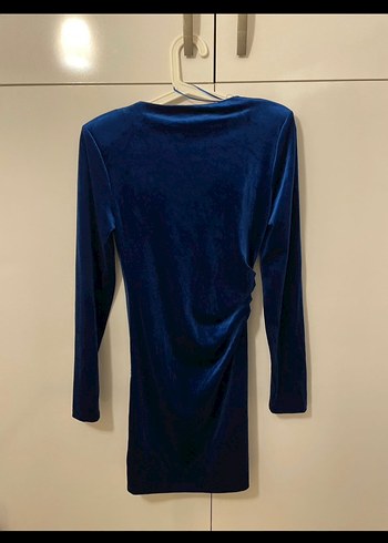 Uzun Kollu Drapeli Midi Mavi Elbise - Görsel 3