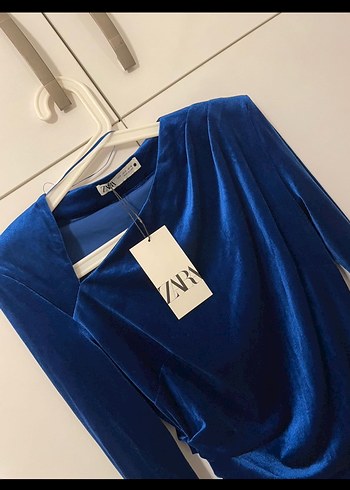 Uzun Kollu Drapeli Midi Mavi Elbise - Görsel 2