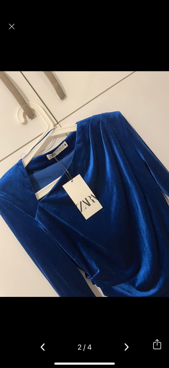 Uzun Kollu Drapeli Midi Mavi Elbise - Görsel 2