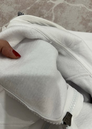 Beyaz Kapüşonlu Fermuarlı Unisex Sweatshirt - Görsel 4
