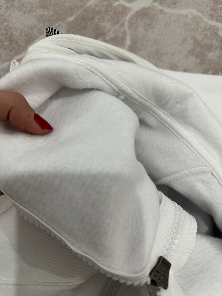 Beyaz Kapüşonlu Fermuarlı Unisex Sweatshirt - Görsel 4