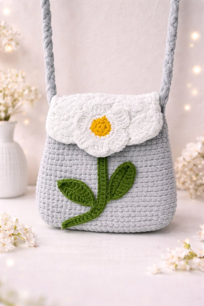 Çiçekli Örgü Bohem Kız Çantası - Görsel 2
