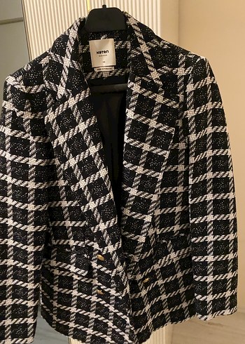 Düğmeli Siyah Kareli Kadın Blazer - Görsel 2