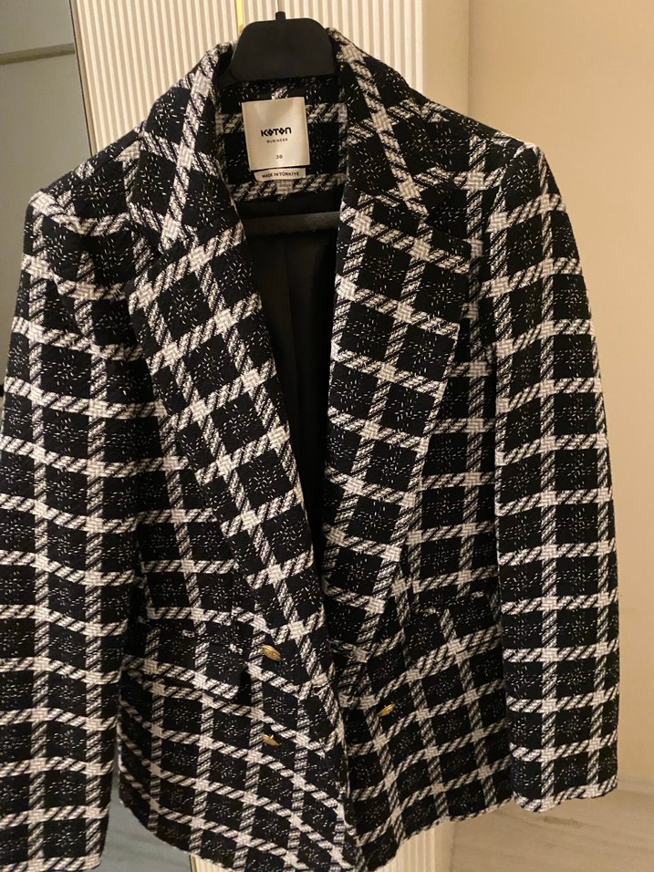 Düğmeli Siyah Kareli Kadın Blazer - Görsel 2