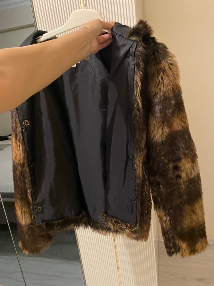 Kahverengi Leopar Desenli Kadın Suni Kürk Ceket - Görsel 4