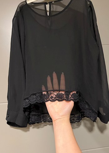 Dantel Detaylı Siyah Uzun Kollu Tül Bluz - Görsel 2