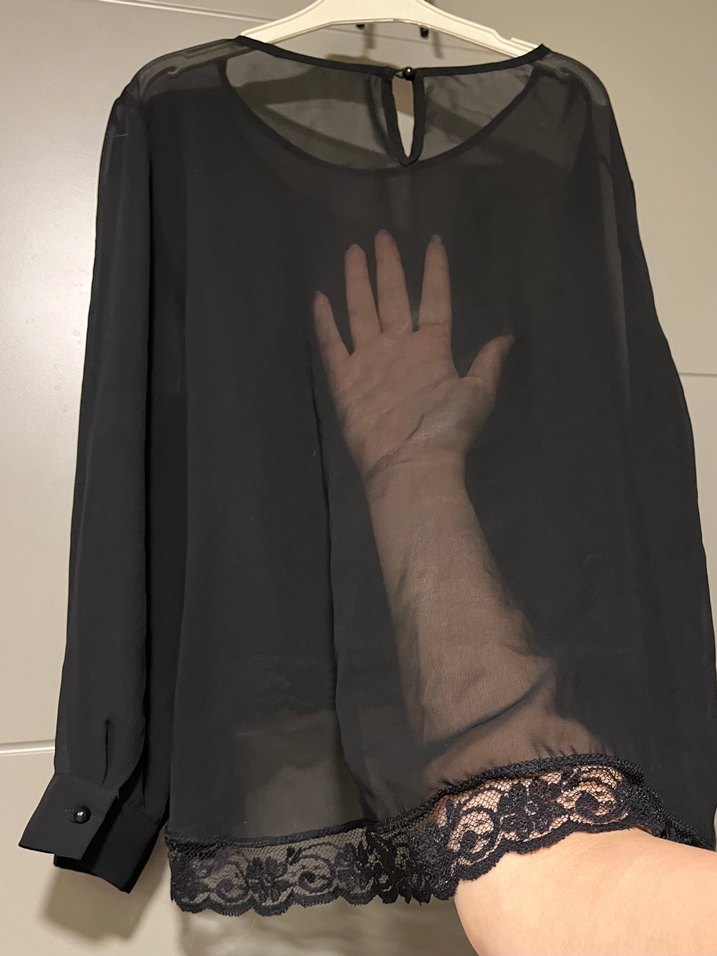 Dantel Detaylı Siyah Uzun Kollu Tül Bluz - Görsel 4