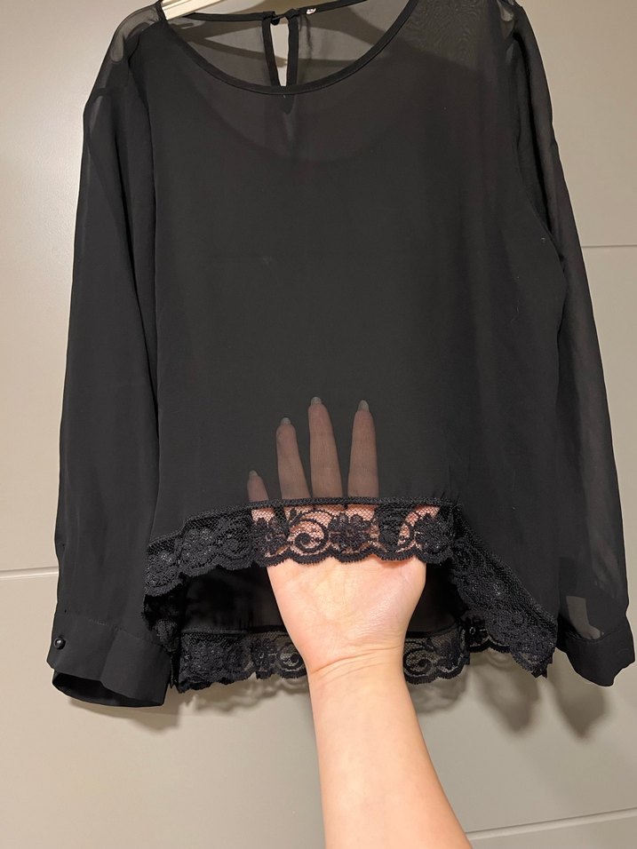 Dantel Detaylı Siyah Uzun Kollu Tül Bluz - Görsel 2