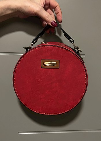 Kırmızı Yuvarlak Vintage Kadın Deri Çanta - Görsel 2