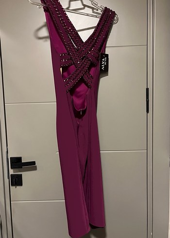 Mor/Mürdüm Sırt Dekolteli Abiye Elbise - Görsel 3