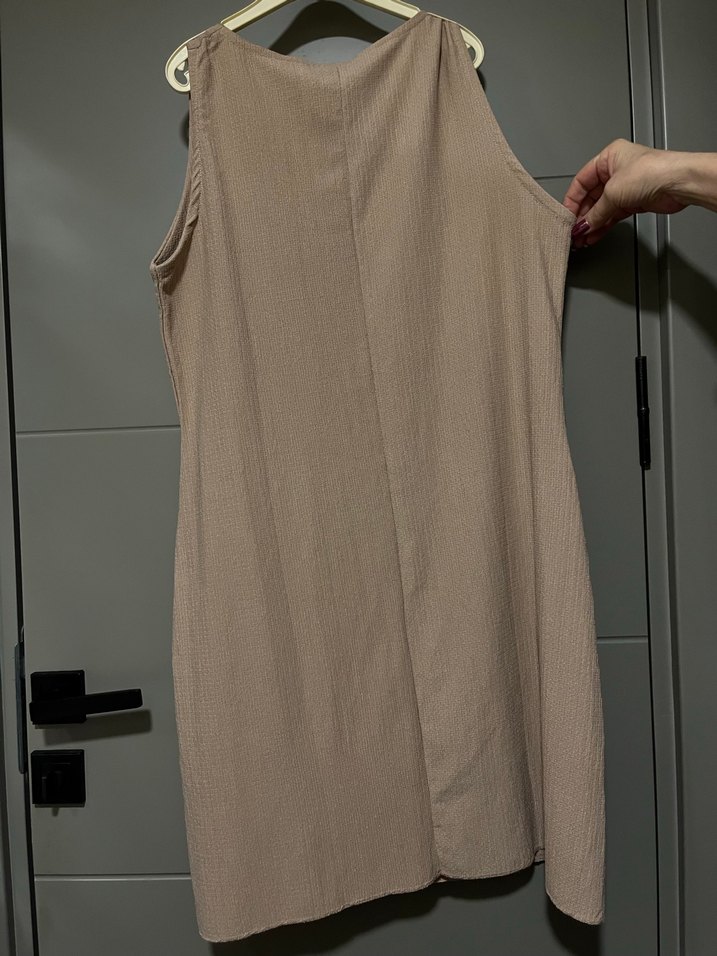 Bej V Yaka Kolsuz Midi Elbise - Görsel 2