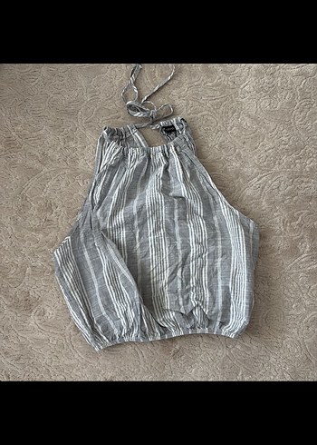 Gri Çizgili Pliseli Keten Halter Crop Top