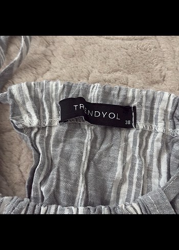 m Beden Gri Çizgili Pliseli Keten Halter Crop Top