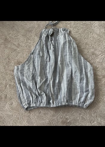 m Beden gri Renk Gri Çizgili Pliseli Keten Halter Crop Top