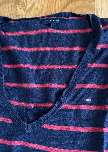 Tommy Hilfiger Mavi Çizgili V Yaka Kadın Triko